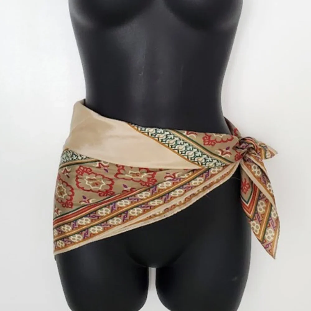 Satiny Multicolor Border Trim Scarf w Intricate Pattern 26" X 26" - Picture 3 of 6